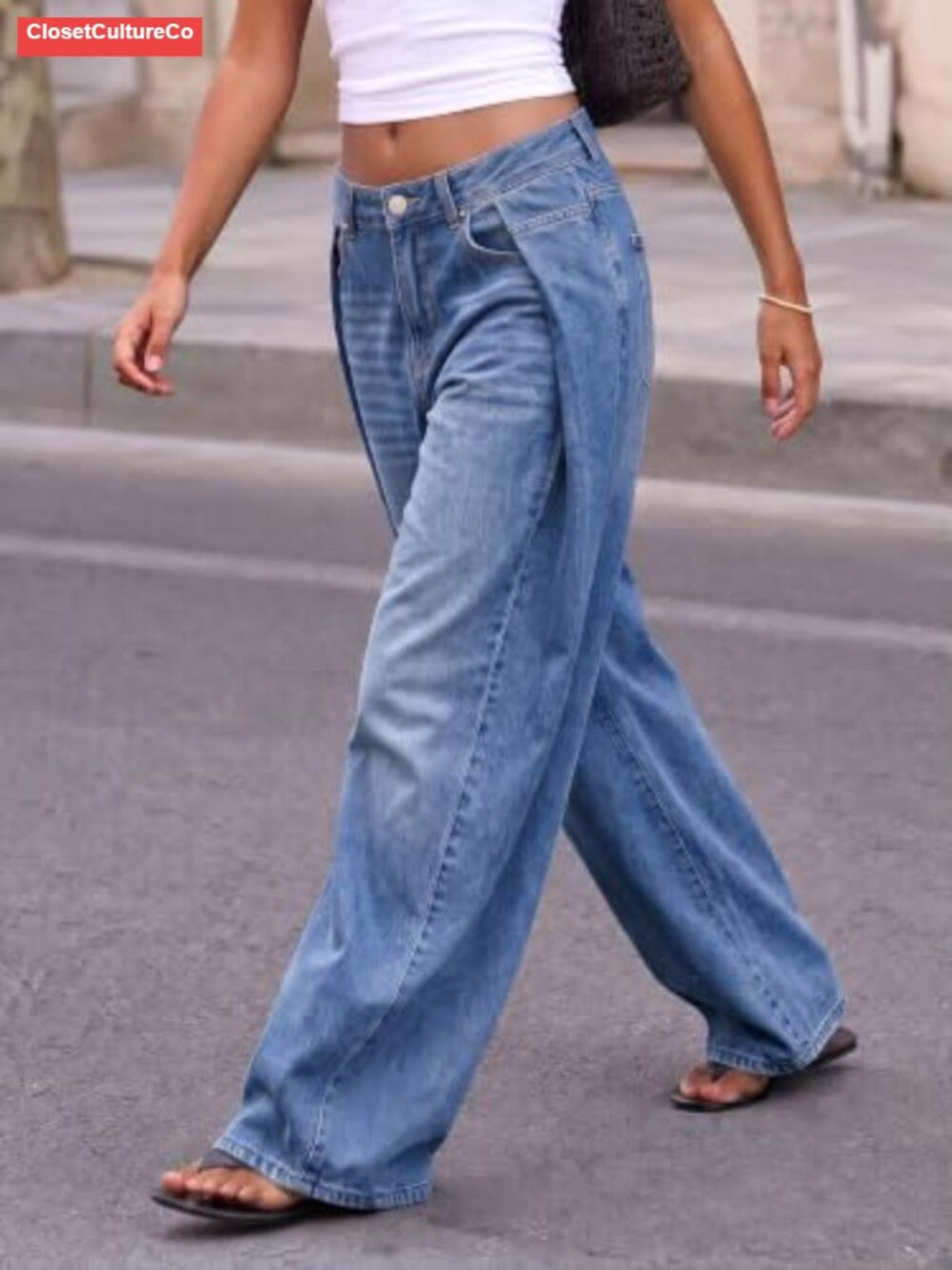 Womens High Waisted Pleated Wide Leg Baggy Denim Jeans - Picture 2 of 6